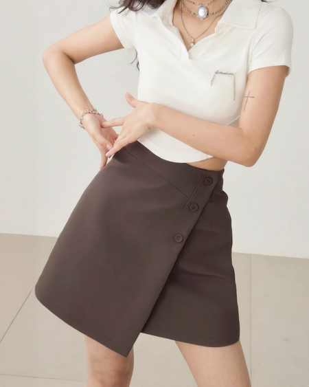 Lucia Overlap Mini Skirt - front shot, dark brown - Miss Mosa By Akanksha
