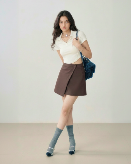 Lucia Overlap Mini Skirt - full-length front shot, dark brown - Miss Mosa By Akanksha