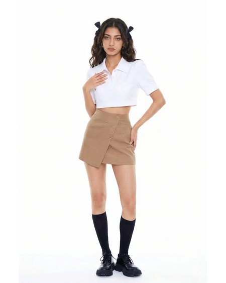 Lucia Overlap Mini Skirt - full-length front shot, tan - Miss Mosa By Akanksha