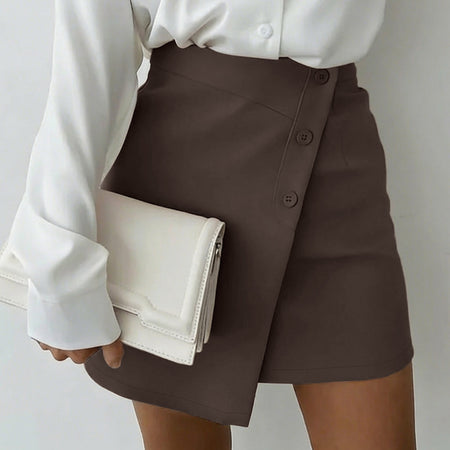 Lucia Overlap Mini Skirt - front close-up shot, dark brown - Miss Mosa By Akanksha