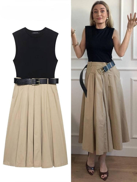 Lucy Luxe Elegant Pleated Dress With Belt In Black - flat-lay product shot beside full-length shot on model - Miss Mosa By Akanksha