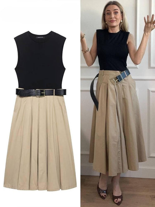 Lucy Luxe Elegant Pleated Dress With Belt In Black
