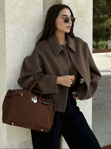 Lucy Premium Oversized Woolen Jacket - front shot on model, brown - Miss Mosa By Akanksha