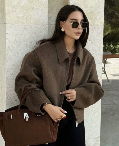 Lucy Premium Oversized Woolen Jacket - front shot on model, brown - Miss Mosa By Akanksha