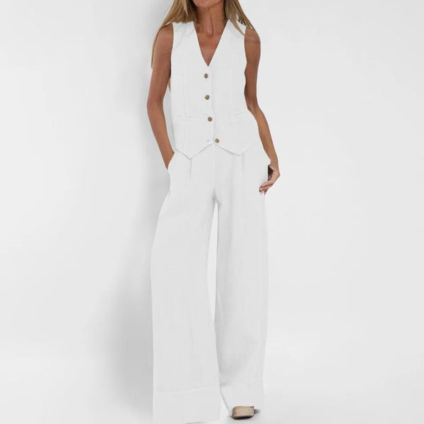 Laiden Statement Linen Vest Suit with Pants In White