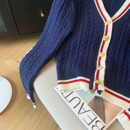 Luisa Woolen Cardigan In Navy Blue - close-up shot of cuff and placket - Miss Mosa By Akanksha