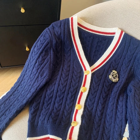Luisa Woolen Cardigan In Navy Blue - close-up shot of neckline and buttons - Miss Mosa By Akanksha