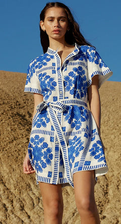 Luise Printed Shirt Mini Dress - front shot, white with blue floral print - Miss Mosa By Akanksha