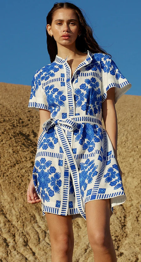 Luise Printed Shirt Mini Dress - front shot, white with blue floral print - Miss Mosa By Akanksha