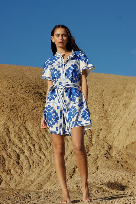 Luise Printed Shirt Mini Dress - full-length shot, white with blue floral print - Miss Mosa By Akanksha