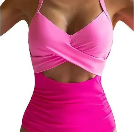 Lumi One Piece Swimsuit - close-up front shot on model, pink and hot pink - Miss Mosa By Akanksha