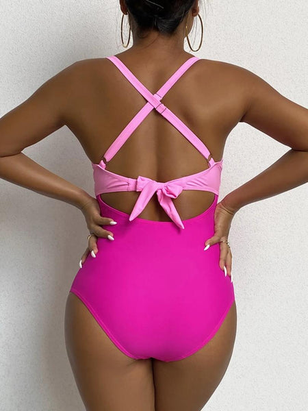 Lumi One Piece Swimsuit - back shot on model, pink and hot pink - Miss Mosa By Akanksha