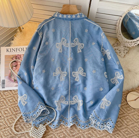 Lumi Premium Embroidered Cotton Shirt In Blue - flat-lay back shot on hanger - Miss Mosa By Akanksha