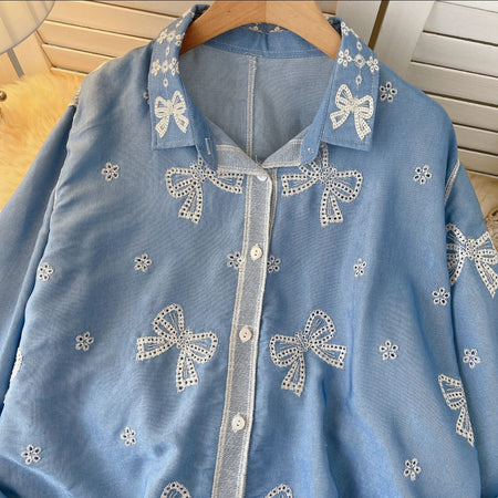 Lumi Premium Embroidered Cotton Shirt In Blue - close-up of collar and button placket detail - Miss Mosa By Akanksha