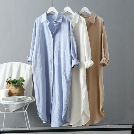 Lumia Luxe Cotton Long Shirt/ Dress - front shot on hanger, multicolour - Miss Mosa By Akanksha