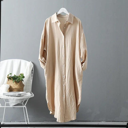 Lumia Luxe Cotton Long Shirt/ Dress - front shot on hanger, beige - Miss Mosa By Akanksha