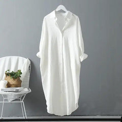 Lumia Luxe Cotton Long Shirt/ Dress - front shot on hanger, white - Miss Mosa By Akanksha