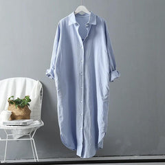 Lumia Luxe Cotton Long Shirt/ Dress - front shot on hanger, blue - Miss Mosa By Akanksha
