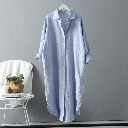 Lumia Luxe Cotton Long Shirt/ Dress - front shot on hanger, blue - Miss Mosa By Akanksha