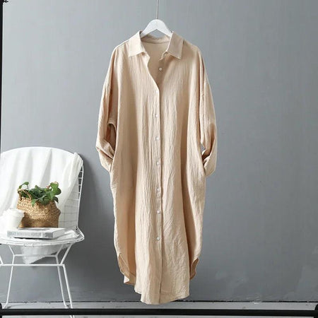 Lumia Luxe Cotton Long Shirt/ Dress - front shot on hanger, beige - Miss Mosa By Akanksha