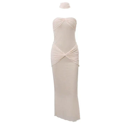 Lumia Offshoulder Sequined Party Dress In Beige - flat-lay product shot of dress with choker - Miss Mosa By Akanksha