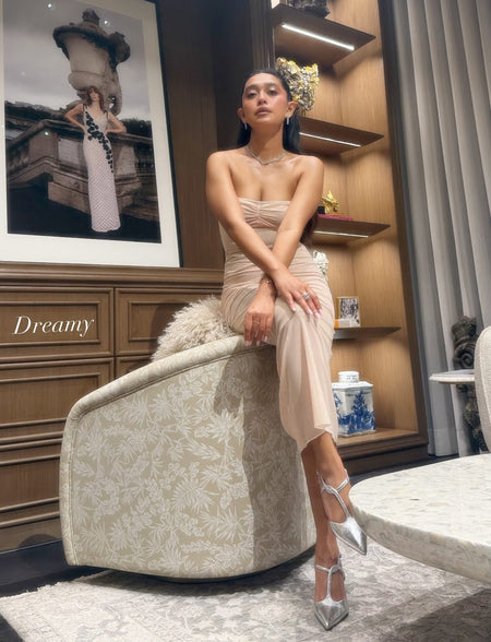 Lumia Offshoulder Sequined Party Dress In Beige - full-length side shot on model - Miss Mosa By Akanksha