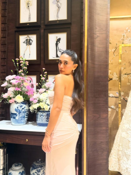 Lumia Offshoulder Sequined Party Dress In Beige - back shot on model - Miss Mosa By Akanksha