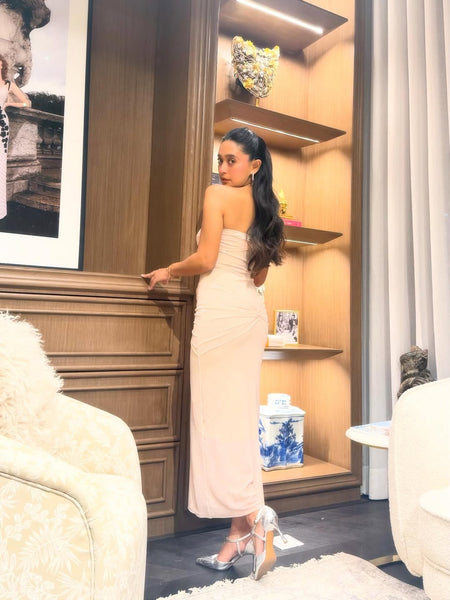 Lumia Offshoulder Sequined Party Dress In Beige - back shot on model - Miss Mosa By Akanksha