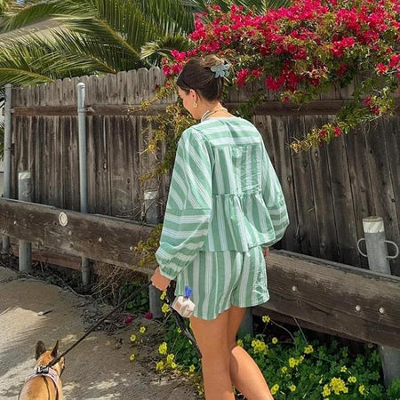 Lumina Striped Summer Coord In Green - back shot on model outdoors - Miss Mosa By Akanksha