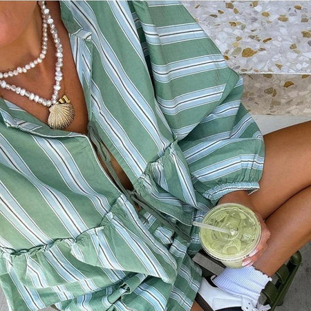 Lumina Striped Summer Coord In Green - close-up of fabric detail on model - Miss Mosa By Akanksha