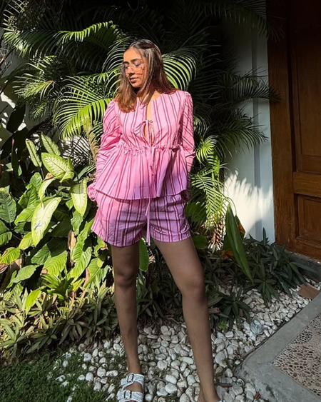 Lumina Striped Summer Coord In Pink - front shot on model outdoors - Miss Mosa By Akanksha