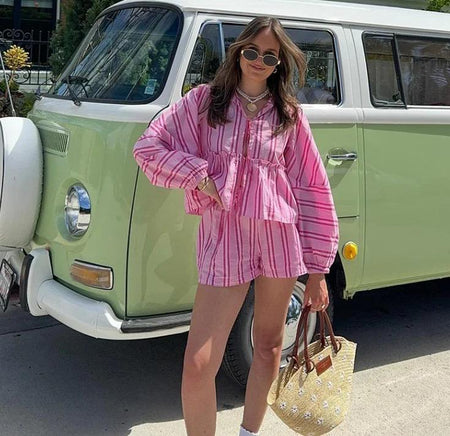 Lumina Striped Summer Coord In Pink - full-length shot on model outdoors - Miss Mosa By Akanksha