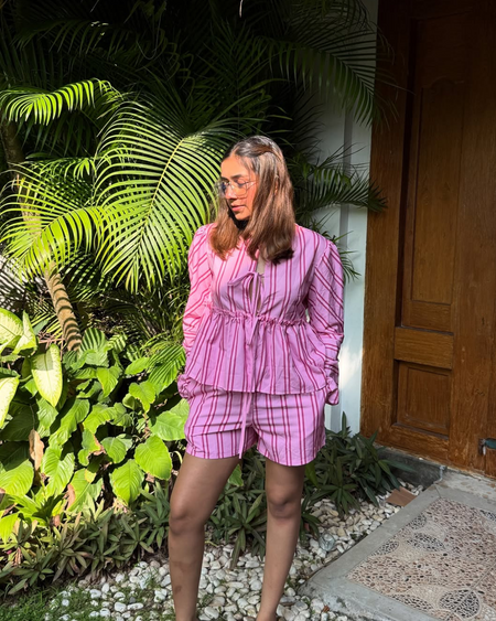 Lumina Striped Summer Coord In Pink - front shot on model outdoors - Miss Mosa By Akanksha