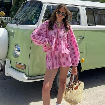 Lumina Striped Summer Coord In Pink - full-length shot on model outdoors - Miss Mosa By Akanksha
