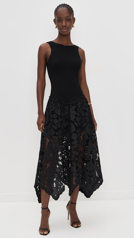 Lumira Lace Midi Dress - close-up shot, black - Miss Mosa By Akanksha
