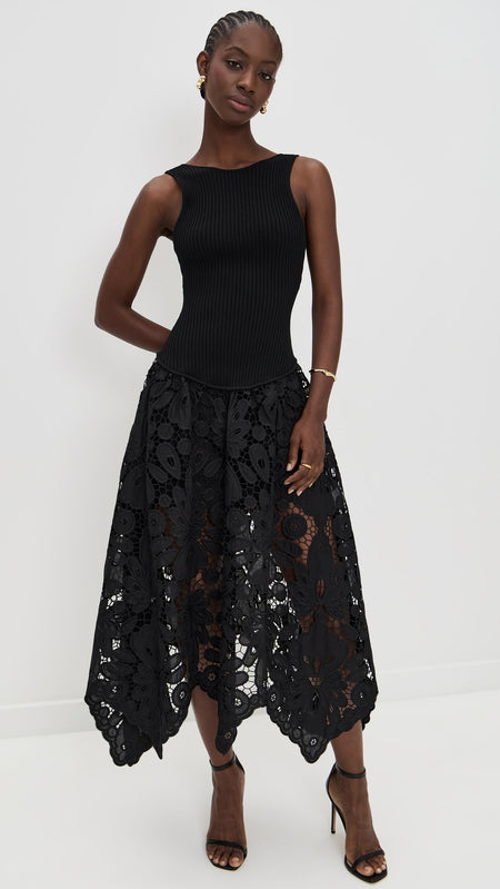 Lumira Lace Midi Dress - fabric detail shot, black - Miss Mosa By Akanksha