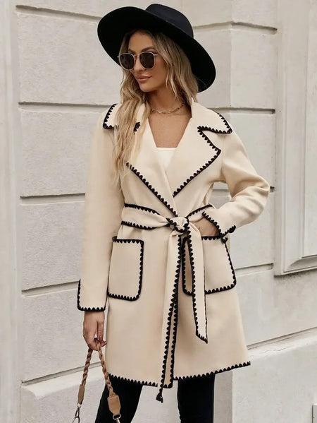 Luna Oversized Woolen Long Overcoat - front shot on model outdoors, cream and black - Miss Mosa By Akanksha