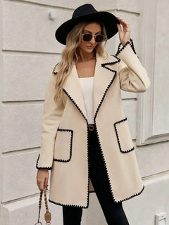 Luna Oversized Woolen Long Overcoat - front shot on model outdoors, cream and black - Miss Mosa By Akanksha