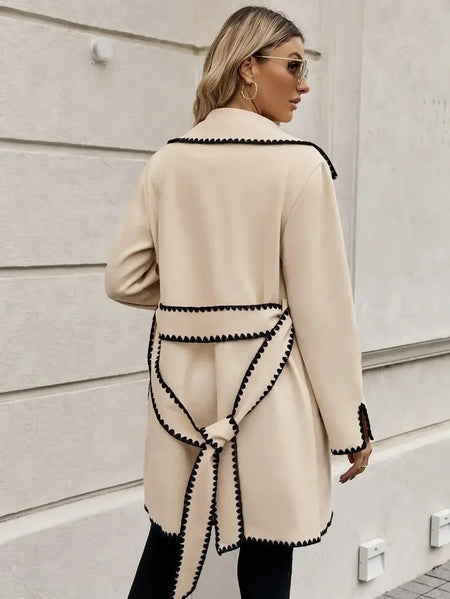 Luna Oversized Woolen Long Overcoat - front shot on model, cream and black - Miss Mosa By Akanksha