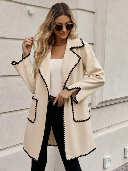 Luna Oversized Woolen Long Overcoat - front shot on model outdoors, cream and black - Miss Mosa By Akanksha