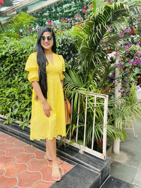 Luna Summer Cotton Eyelet Dress - lifestyle shot on model, yellow - Miss Mosa By Akanksha