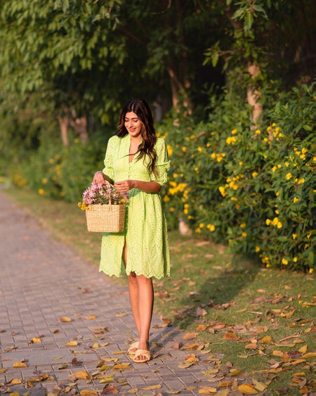 Luna Summer Cotton Eyelet Dress - lifestyle shot on model, green - Miss Mosa By Akanksha