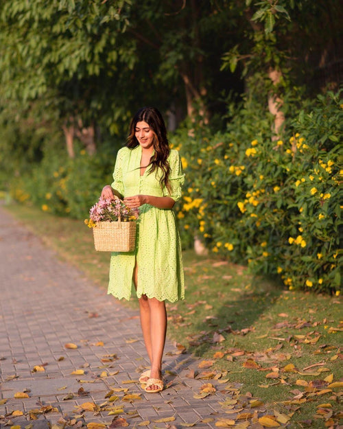 Luna Summer Cotton Eyelet Dress In Green