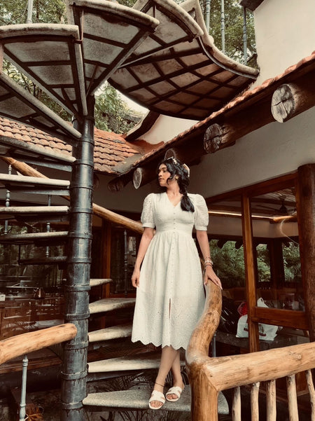 Luna Summer Cotton Eyelet Dress - full-length front shot, white - Miss Mosa By Akanksha