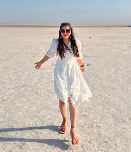Luna Summer Cotton Eyelet Dress - lifestyle shot on model, white - Miss Mosa By Akanksha