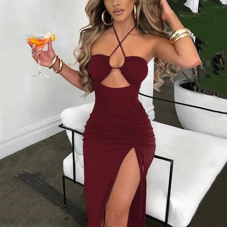 Luther Strappy Midi Slit Dress - front shot on model, burgundy - Miss Mosa By Akanksha