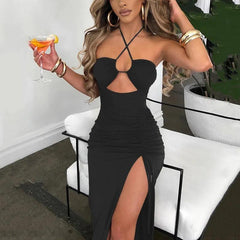 Luther Strappy Midi Slit Dress - front shot on model, black - Miss Mosa By Akanksha