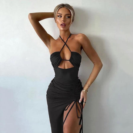 Luther Strappy Midi Slit Dress - front shot on model, black - Miss Mosa By Akanksha