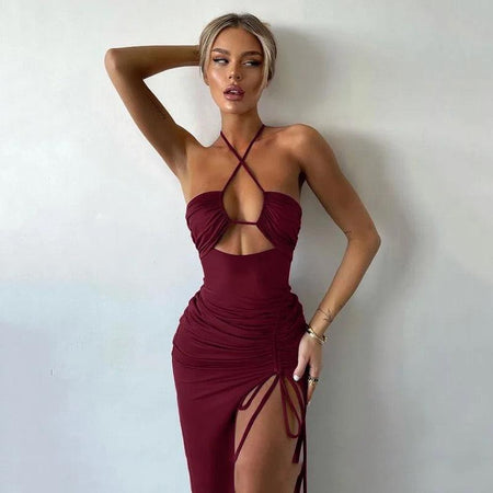 Luther Strappy Midi Slit Dress - front shot on model, burgundy - Miss Mosa By Akanksha