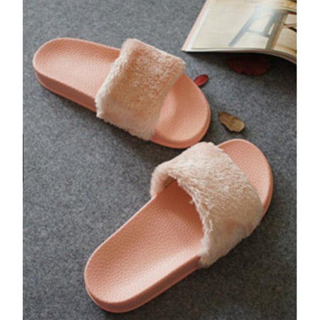 Luxury Furry Slip Ons - flat-lay product shot, pink - Miss Mosa By Akanksha